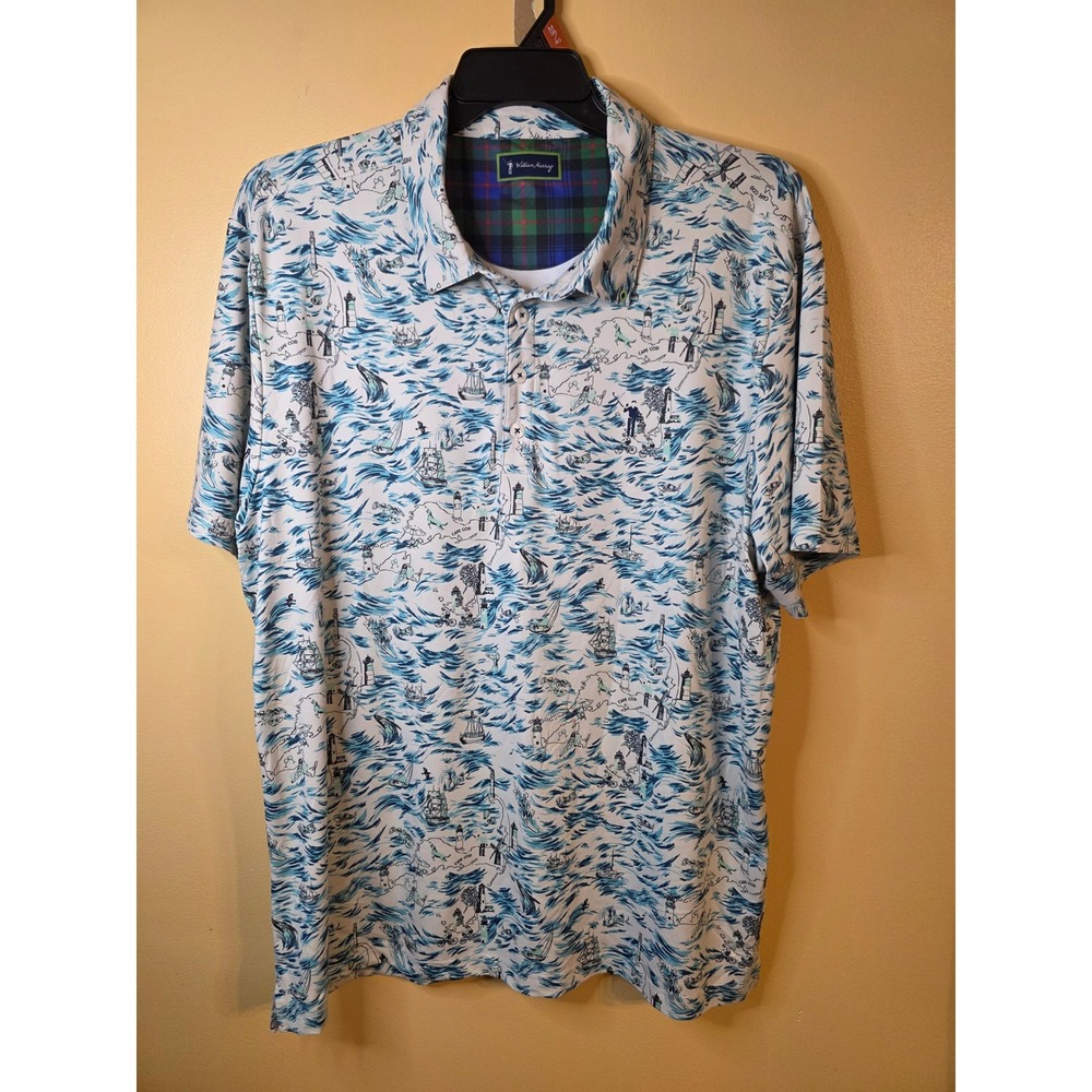 William Murray Golf Polo Mens XL Cape Cod Nautical Print Blue White Performance